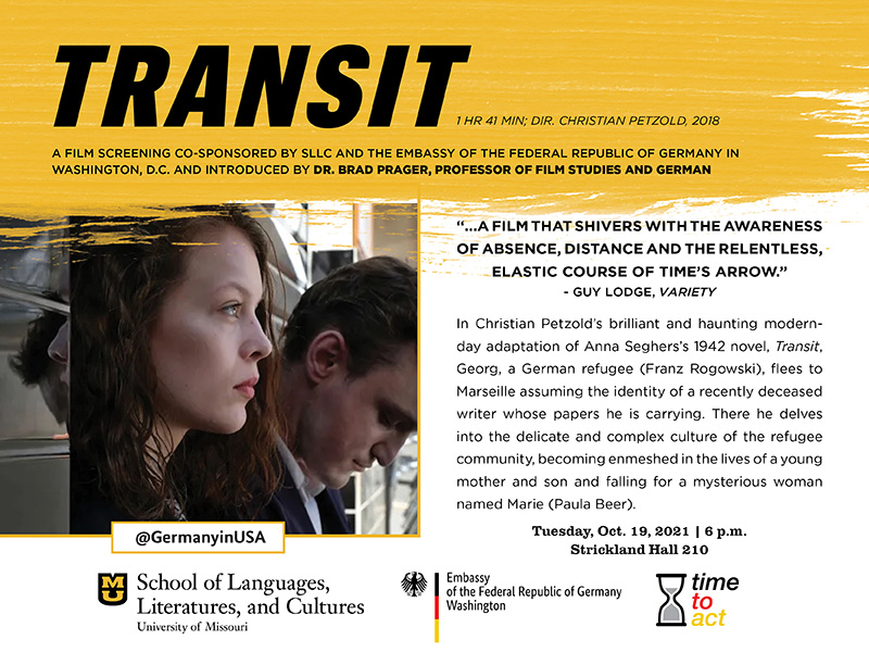 A flyer for the screening of Transit (dir. Christian Petzold) on Tuesday, October 19th, in Strickland Hall 210 beginning at 6PM.