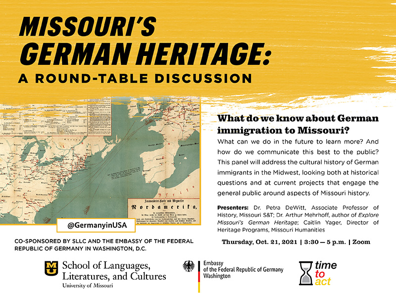 Flyer for Zoom panel on Preserving Missouri's German heritage at 3:30-5P on October 21st, 2021; email howesw@missouri.edu for registration information