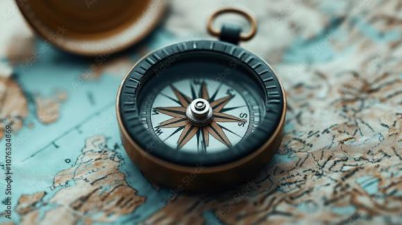 Close-up of a vintage compass lying on a detailed map, highlighting navigation and exploration concepts.