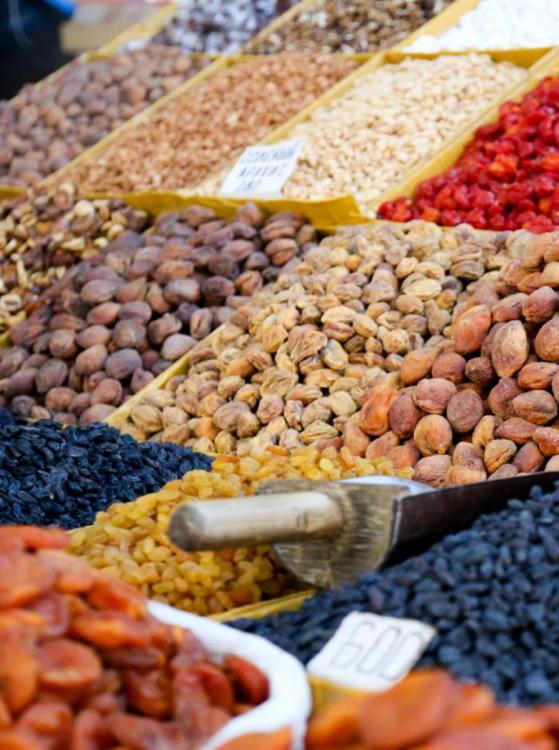 Dried fruits in bags on a traditional market in Bishkek Kyrgyzstan