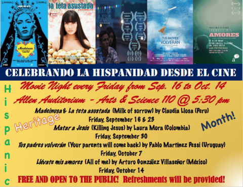A description of the Hispanic Heritage Month Film Series with five film posters