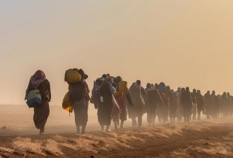 A line of people carrying bags walks along a dusty path under a hazy, golden sky, conveying a sense of journey and perseverance in challenging conditions.