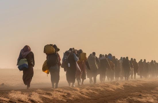 A line of people carrying bags walks along a dusty path under a hazy, golden sky, conveying a sense of journey and perseverance in challenging conditions.